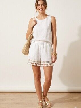 FRANCESCA BETTINI WHITE LINEN TASSEL SHORTS MADE IN ITALY SIZE LARGE